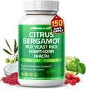 Supplément d'agrumes Bergamote - 15-en-1 Mélange naturel avec le riz rouge de levure Hawthorn Olive Leaf Odorless Ail Turcumar Ginger Fenugreek - 150 Compte - Fabriqué et testé aux États-Unis