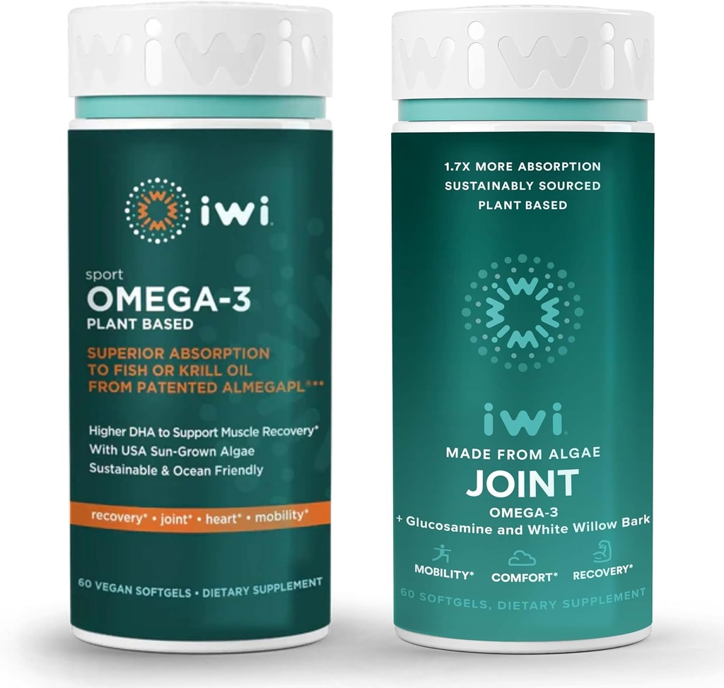 iwi Omega-3 Sport & Joint Omega-3 Bundle, 30 portions, Algae Omega à base végétale végétalienne 3, Krill & Fish Oil Alternative, Aucun arrière-goût de poisson