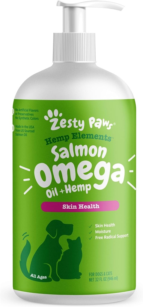 Zesty Paws Salmon Omega Oil Chanvre pour chiens et chats avec l'huile de saumon sauvage de l'Alaska Omega 3 et 6 acides gras avec EPA DHA pour animaux de compagnie soutient l'humidité normale de la peau et le système immunitaire Fonction 32oz