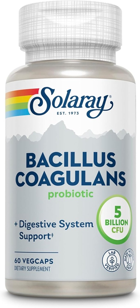 SOLARAY Bacillus Coagulans Probiotic - 5 milliards de microorganismes vivants - Digestion et Gut Health Support - Probiotiques pour la santé du corps entier avec fibre prébiotique inuline, garantie de 60 jours, 30 portions, 60 VegCaps