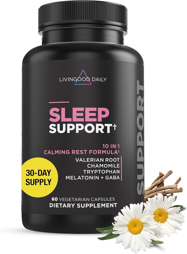 Supplément de sommeil quotidien Livingood, aide naturelle au sommeil de 10-en-1 avec 5 MG Melatonine, racine valériane, camomille, tryptophane et GABA pour les hommes et les femmes, sans habitude, sans gluten, végétalien, 60 capsules
