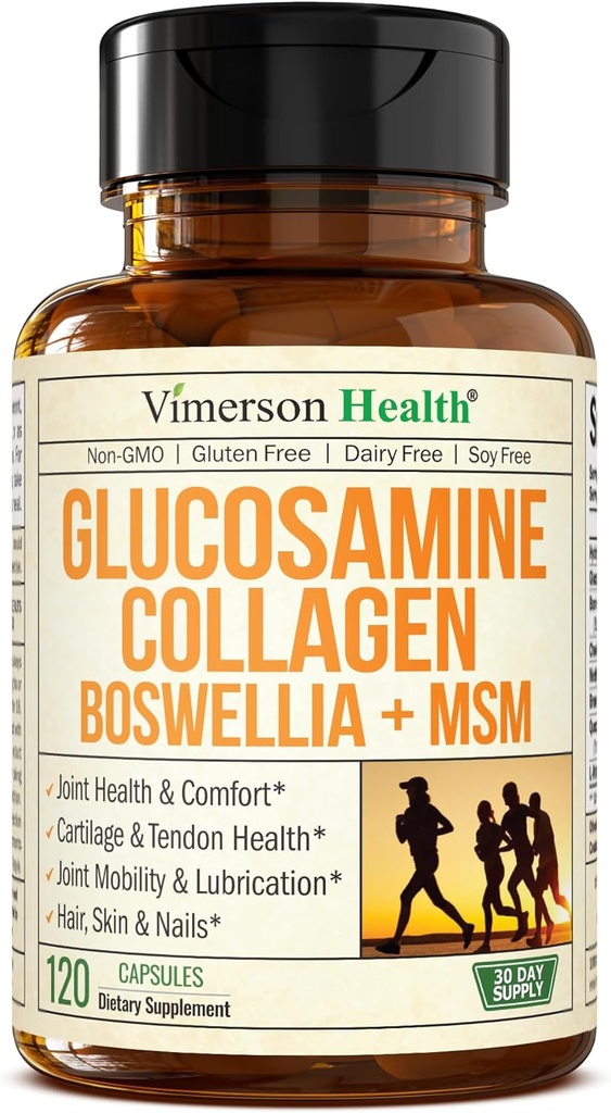 Glucosamine Chondroïtine MSM avec peptides de collagène hydrolysés - Supplément de soutien conjoint avec Quercetin, Bromelain & Boswellia Extract - pilules de collagène pour ongles de peau de cheveux - ASF Admissible 120 capsules