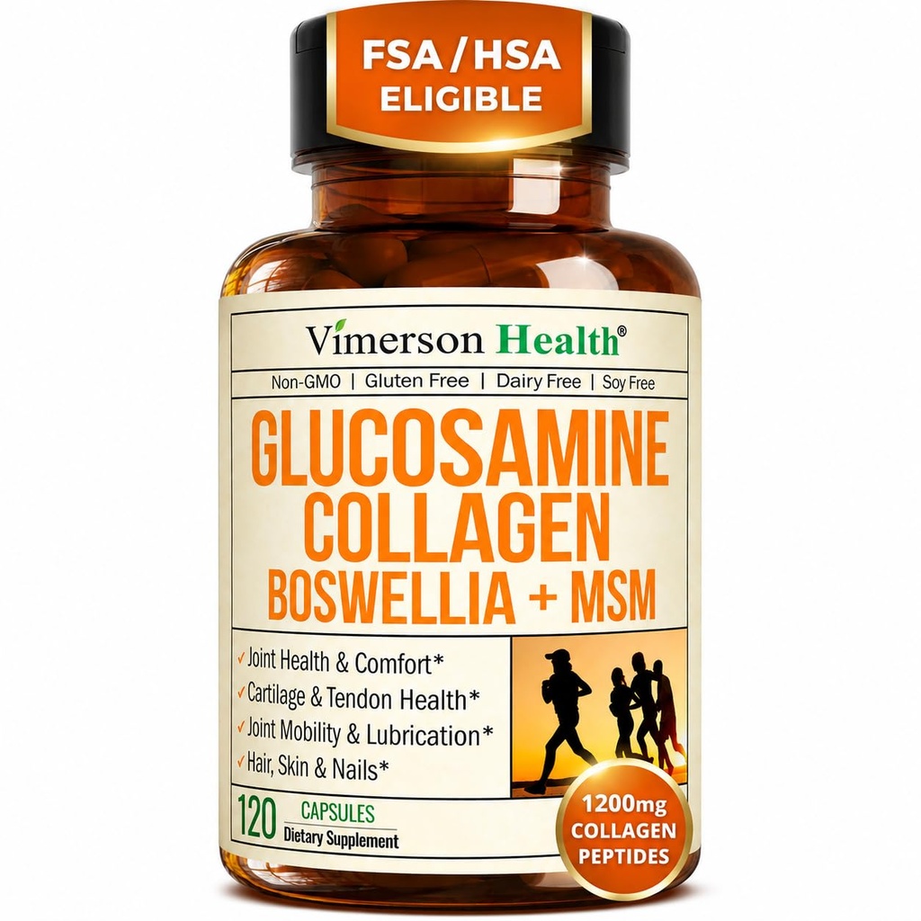 Glucosamine Chondroïtine MSM avec peptides de collagène hydrolysés - Supplément de soutien conjoint avec Quercetin, Bromelain & Boswellia Extract - pilules de collagène pour ongles de peau de cheveux - ASF Admissible 120 capsules