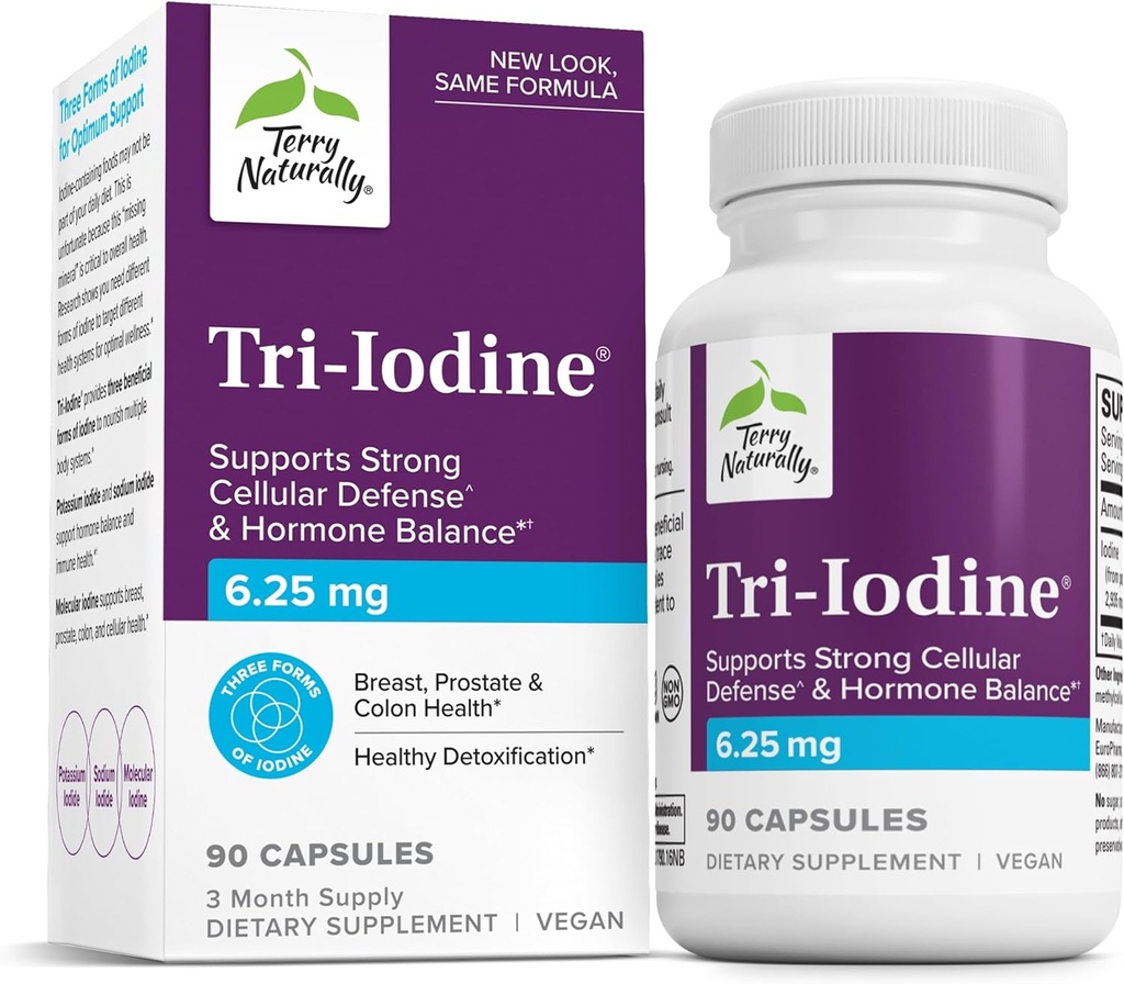 Terry naturellement Tri-Iodine - Soutien Thyroïde Santé - Aide l'équilibre hormonal avec l'iode moléculaire de Kelp - Caractéristiques Iodide de potassium et iode de sodium - Soutien Cerveau et énergie - 6,25mg, 90 Capsules