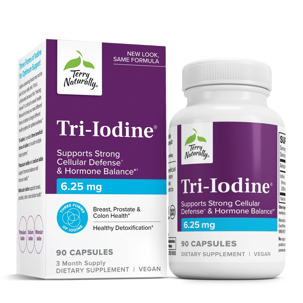 Terry naturellement Tri-Iodine - Soutien Thyroïde Santé - Aide l'équilibre hormonal avec l'iode moléculaire de Kelp - Caractéristiques Iodide de potassium et iode de sodium - Soutien Cerveau et énergie - 6,25mg, 90 Capsules