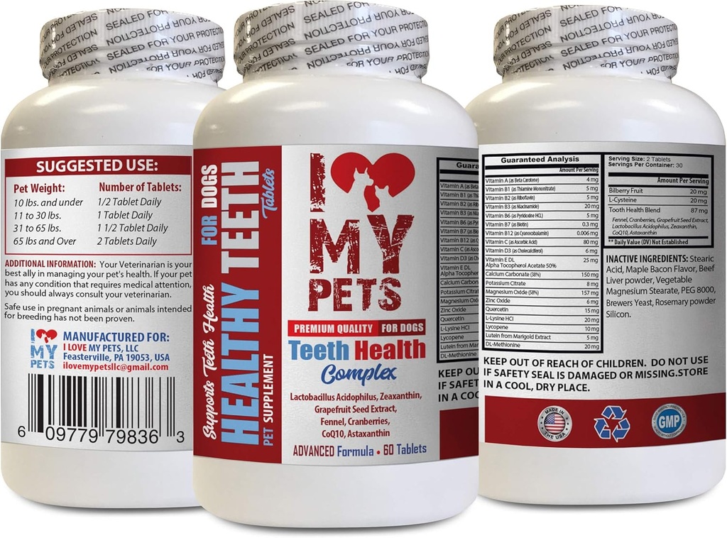 J'AIME MES PETS LLC Gum de chien santé - Complexe de santé des dents de chien - pour les gencives en santé et la mauvaise haleine - supplément minéral de chien - 60 traites (1 bouteille)