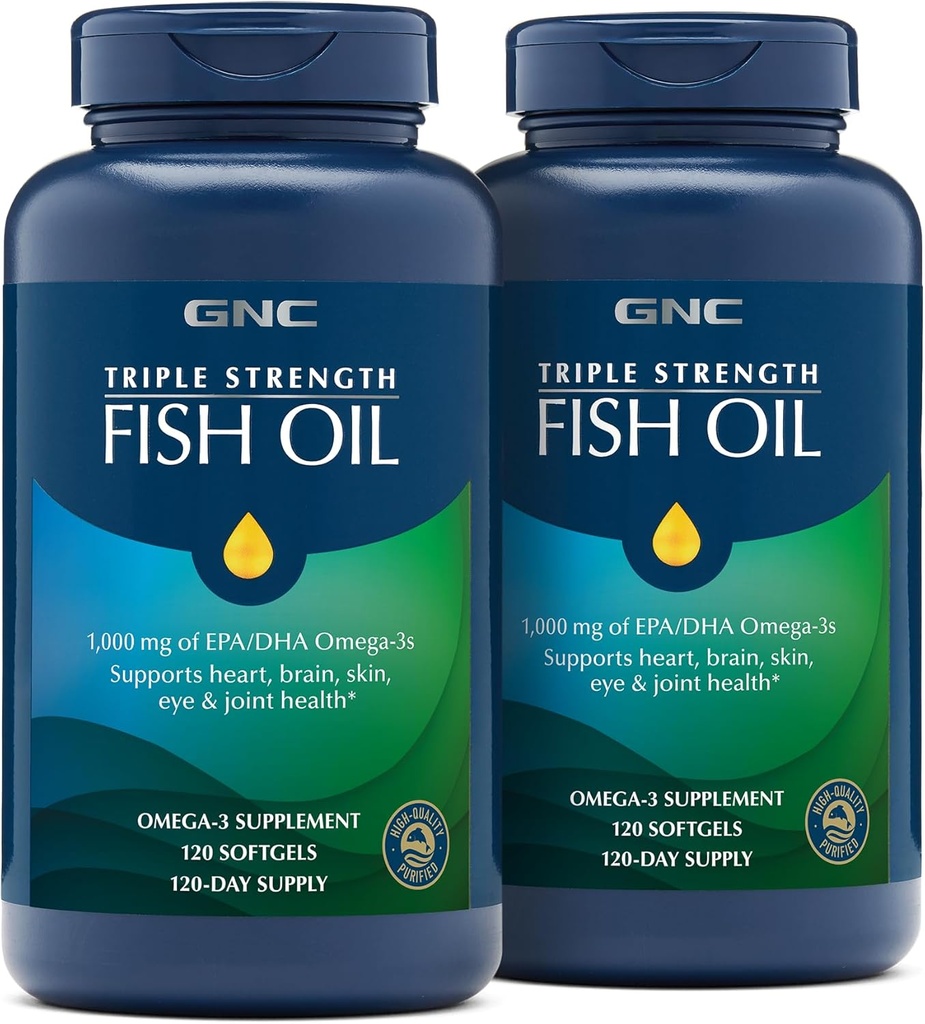 GNC Triple Strength Fish Oil, Twin Pack, 120 Softgels par bouteille, soutient la santé du coeur, du cerveau, de la peau, des yeux et des articulations