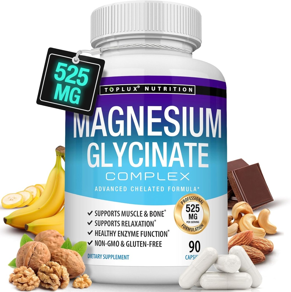 Glycinate de magnésium 525mg - Supplément de magnésium chélaté à haute absorption fabriqué avec du glycinate de magnésium pur - soutient les muscles, le sommeil, les crampes, la récupération complexe de bisglycinate végétalien non-OGM 90 capsules