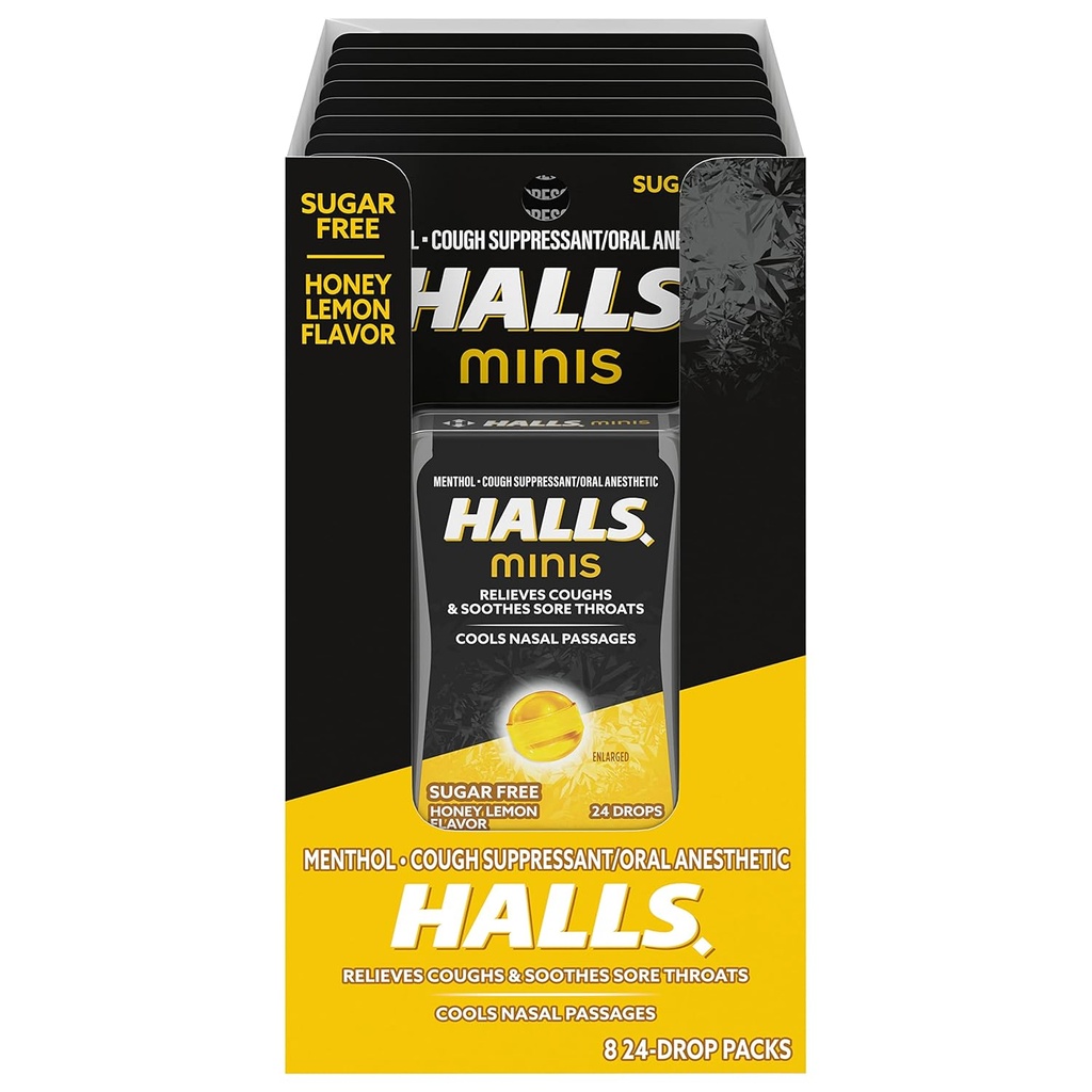 HALLS Minis Miel citron saveur sucre gouttes sans sucre, 8 boîtes de 24 gouttes (192 gouttes Total)