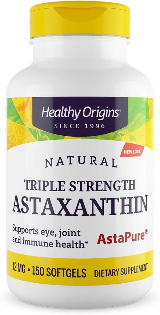 Origines saines Astaxanthine 12 mg (Natural, Astapure, Triple Strength, Non-OGM, Sans gluten, Soutien des yeux, Soutien des articulations, Soutien immunitaire), 150 Softgels