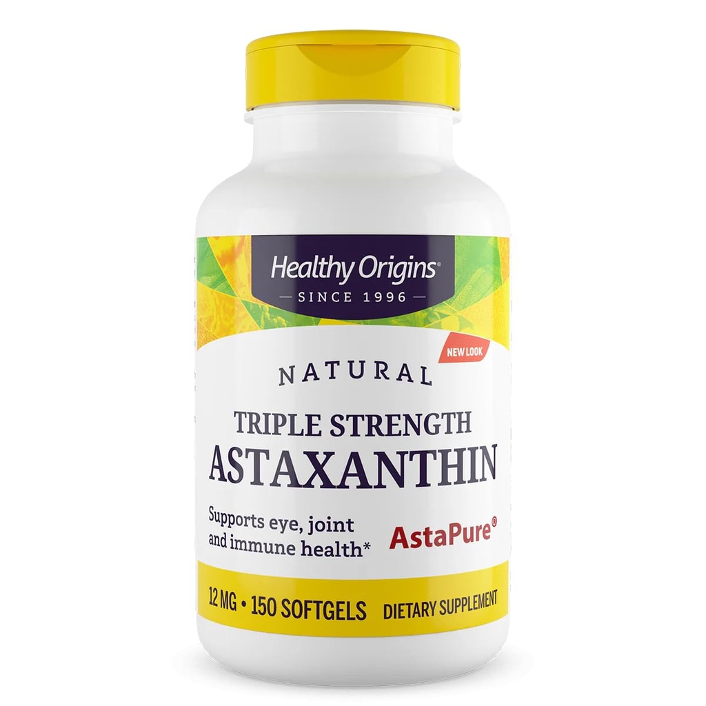 Origines saines Astaxanthine 12 mg (Natural, Astapure, Triple Strength, Non-OGM, Sans gluten, Soutien des yeux, Soutien des articulations, Soutien immunitaire), 150 Softgels