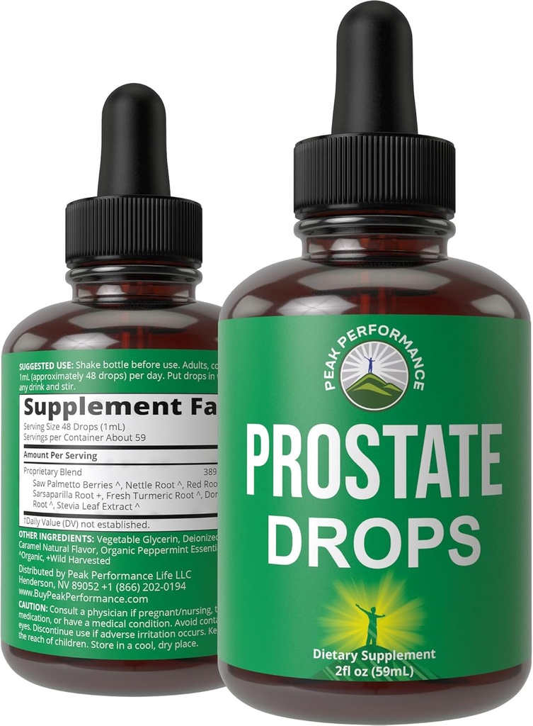 Supplément de soutien prostate pour la santé des hommes. Vegan Kosher Prostate Liquid Drops with Organic Saw Palmetto, Nettle, Turmeric, Peppermint, Wild Sarsaparilla + Red Root