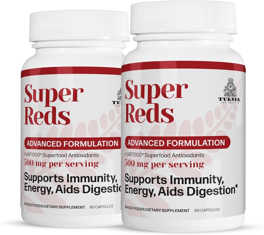 TURNER Super Reds Capsules with UAF1000+, New Zealand Red Superfood Energy, Essential Veggies, Antioxidants, Enzymes, Cleanse, 180 Capsules, 2 Bottles
