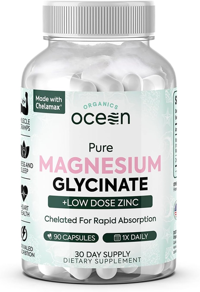 Organics Ocean Pure Magnésium Glycinate avec Zinc - Supplément de magnésium chélaté de force maximale pour les femmes et les hommes pour les crampes musculaires et le soutien du sommeil - 90 Capsule