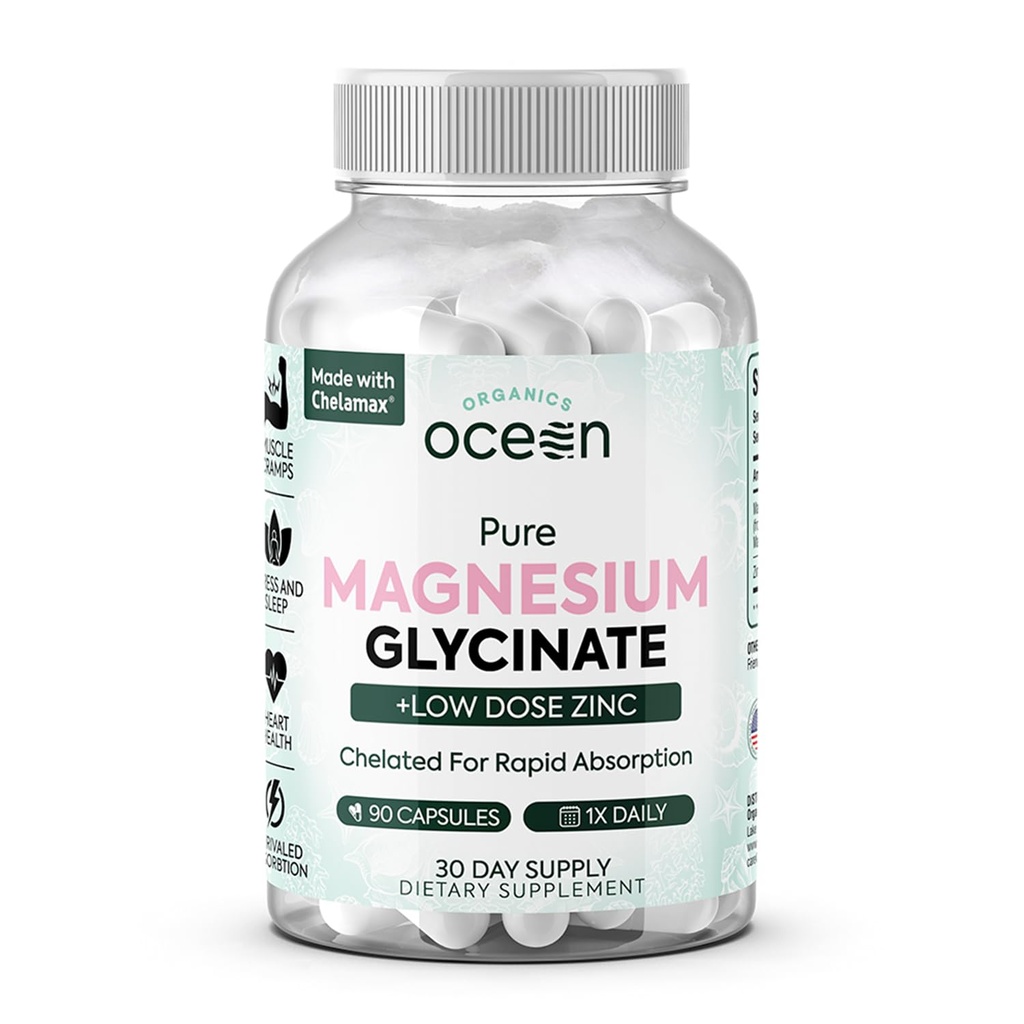 Organics Ocean Pure Magnésium Glycinate avec Zinc - Supplément de magnésium chélaté de force maximale pour les femmes et les hommes pour les crampes musculaires et le soutien du sommeil - 90 Capsule
