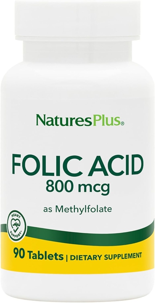 Natures Plus acide folique (méthylfolate) - 800 mcg, 90 comprimés végétaliens - favorise la croissance saine des tissus - végétalien, sans gluten - 90 portions