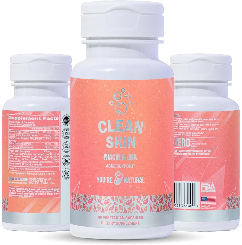 YOU'RE NATURAL Clean Skin Supplement (supplément de la peau propre) Acné Support de la peau Vitamines pour femmes, hommes et adolescents, vitamine A, zinc, DHA, vitamine B3, vitamine C, vitamine E - Sans gluten - Fabriqué aux États-Unis - 60 Capsules