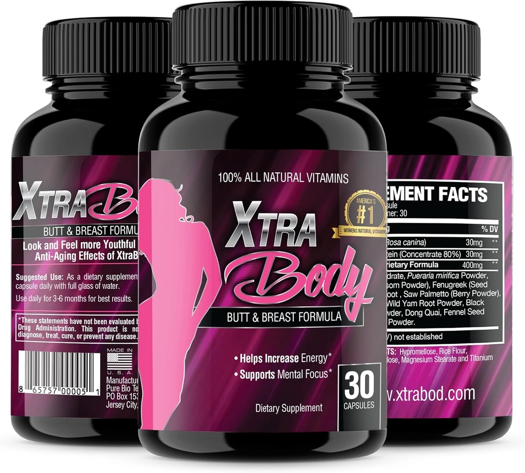 XtraBody Butt Enhancement and Breast Enlargement Supplement - Estrogen Enhancer - Augmente Butt & Breast Size, réduit les symptômes menstruels et fournit un supplément d'énergie (1 bouteille=30 capsules)