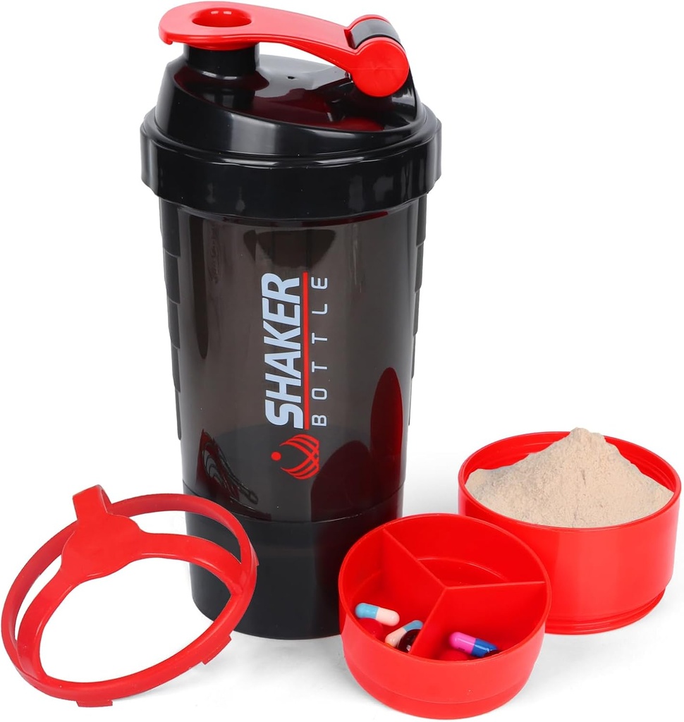 Bouteille de shaker XTK 16OZ Bouteille de shaker protéinée avec boule de mélange Portable Sport bouteille d'eau de fuite de la preuve GYM pour les mélanges protéiniques avec organisateur de stockage et de pilule, idéal pour préentraînement, sans BPA (rouge)