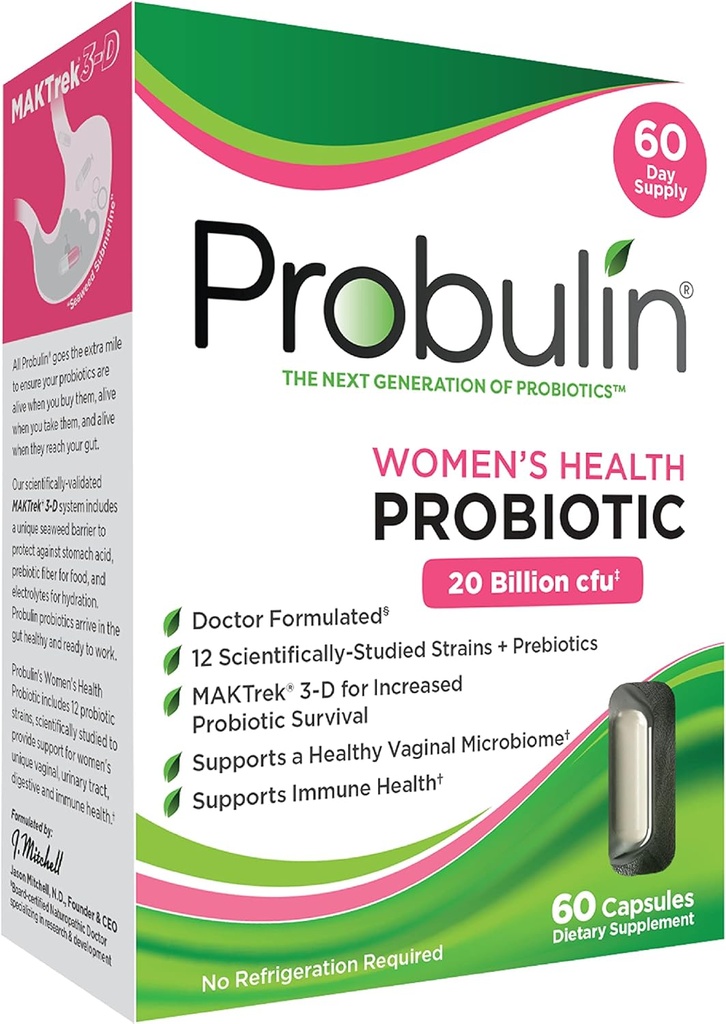 Femmes probulines Santé Probiotique + Prébiotique pour la santé vaginale, Gut et immunitaire - 20 milliards CFU - 12 souches probiotiques, 60 capsules véganes