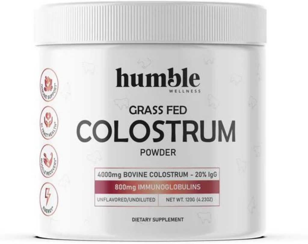 Humble Grass Fed Colostrum Powder - Grass Fed - High IgG Content - 4000mg Bovine Colostrum - 20% IgG - Gut Health - Hair Growth, Beauth and Immunity - 30 Servings