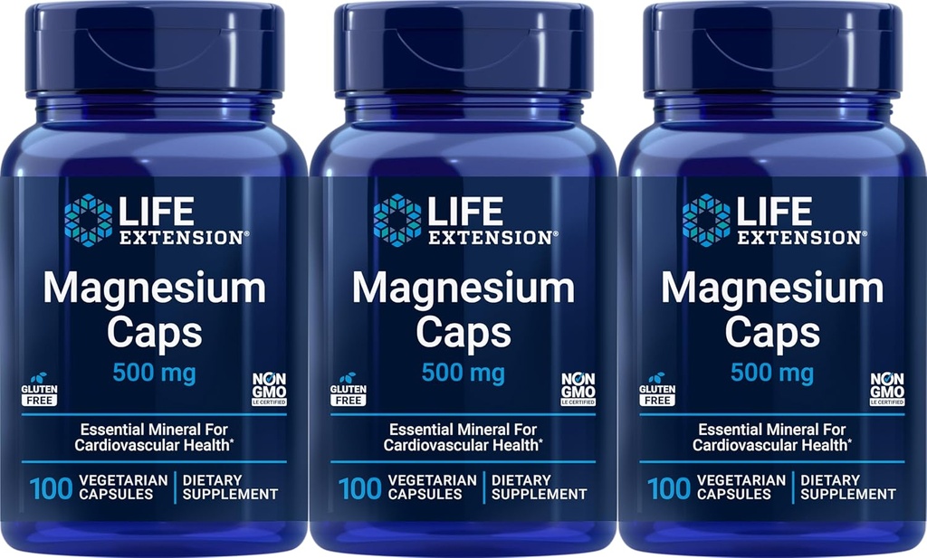 Prolongation de la durée de vie Magnésium 500 mg, 100 capsules végétariennes (paquet de 3)