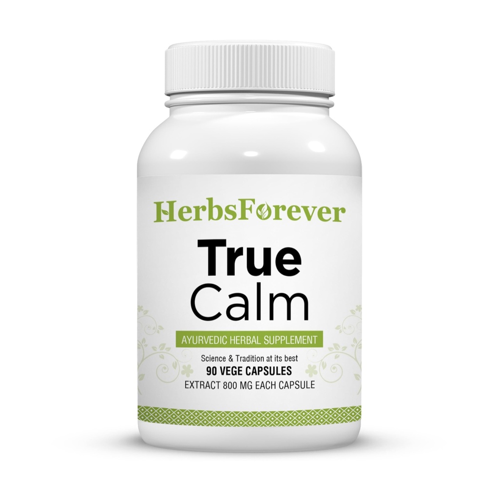 Herbsforever True Calm Capsules de formulation ayurvédique à base de plantes Formule de soulagement du stress Fournit Calme et Confortable Sommeil 90 Capsules Vege 800 Mg Chaque
