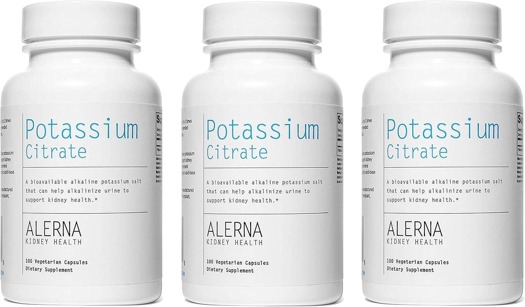 Citrate de potassium 99 mg - Supporte l'équilibre électrolytique et le pH normal - Supplément essentiel de soutien en pierre rénale minérale - 100 capsules végétariennes (paquet de 3)
