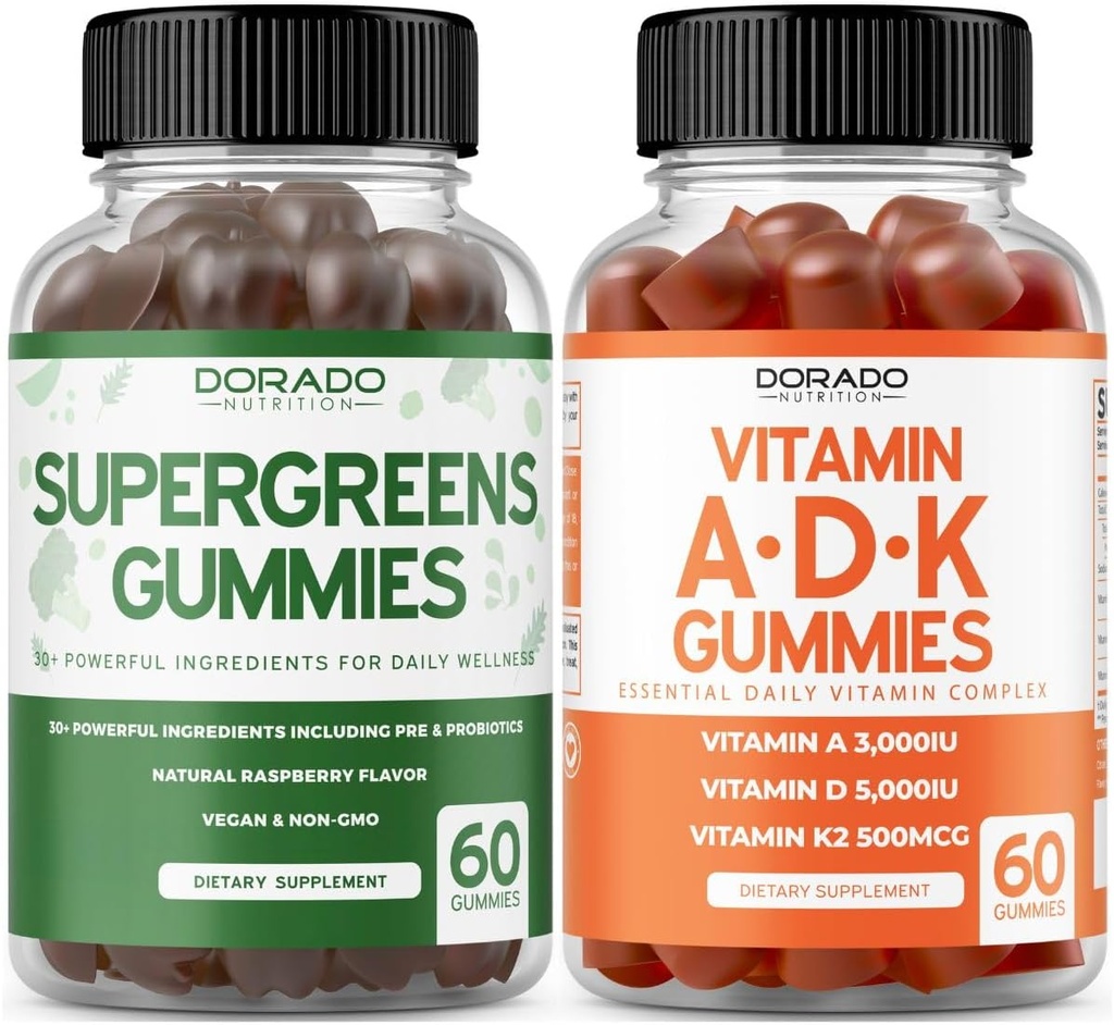 Supergreens Gummies (60 Gummies) Suppléments Verts avec 8 Ingredient Power Blend - Superfood pour le soutien immunitaire pour les adultes et ADK (60 Comte) avec D & K - 10 Vegan Supplément - Non OGM & USA Made
