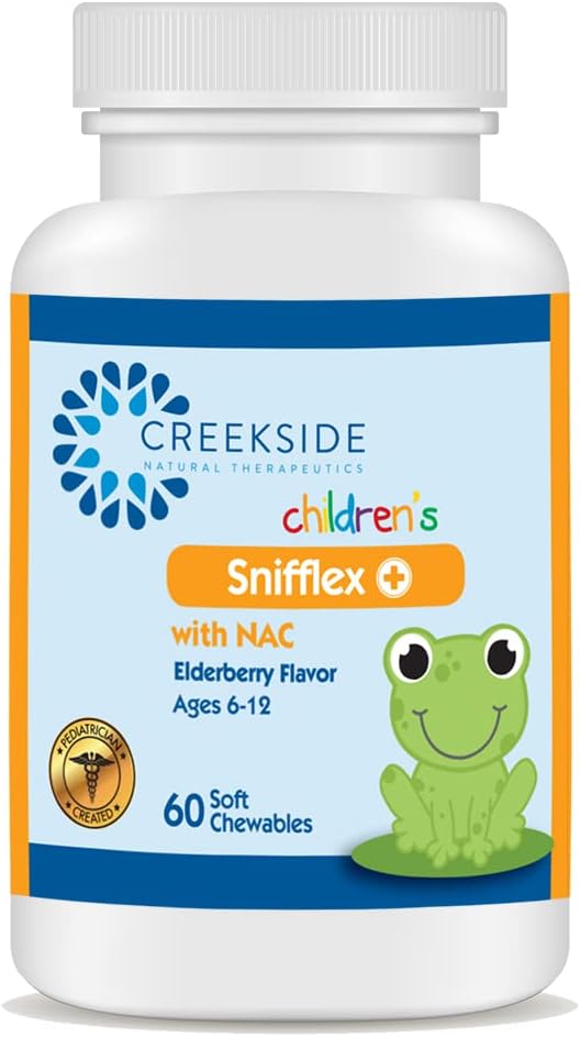 Creekside Naturals Snifflex, Sinus pour enfants et soutien respiratoire, Elderberry pour la santé immunitaire, pédiatre formulé avec NAC, Quercetin et Bromelain, Zero Sugar, Vegan, 60 Soft Chewables