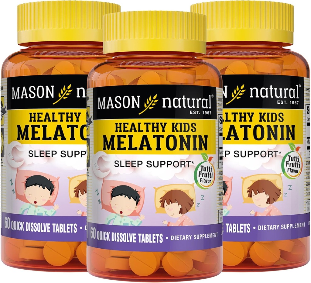 MASON NATURAL Enfants en bonne santé Mélatonine, pour les enfants, soutient un sommeil en bonne santé, à action rapide, aromatisé aux fruits, 60 comprimés rapidement dissous (paquet de 3)