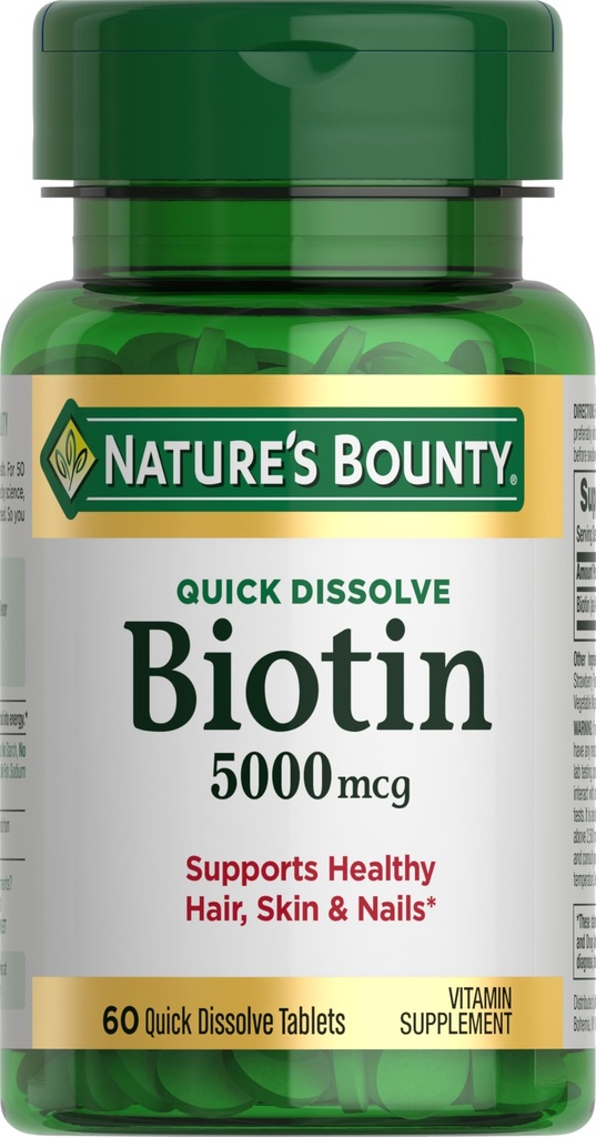 Biotine Bounty de la nature, soutient le métabolisme pour l'énergie cellulaire et les cheveux sains, la peau, et les ongles, 5000 mcg, 60 comprimés à dissolution rapide