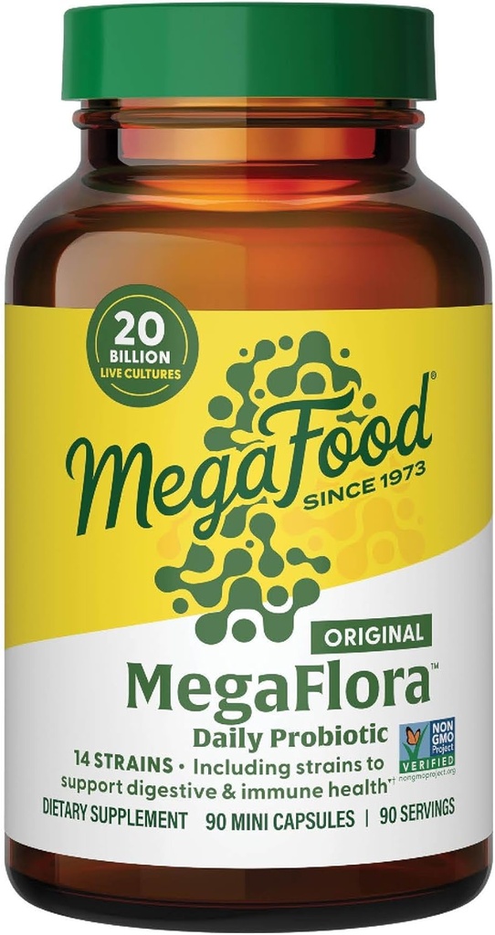 MegaFood MegaFlora Probiotique - Probiotiques pour les femmes santé digestive - Supplément de soutien immunitaire - 20 milliards CFU - 14 souches - non-OGM - Végétarien - 90 Mini Capsules (90 portions)