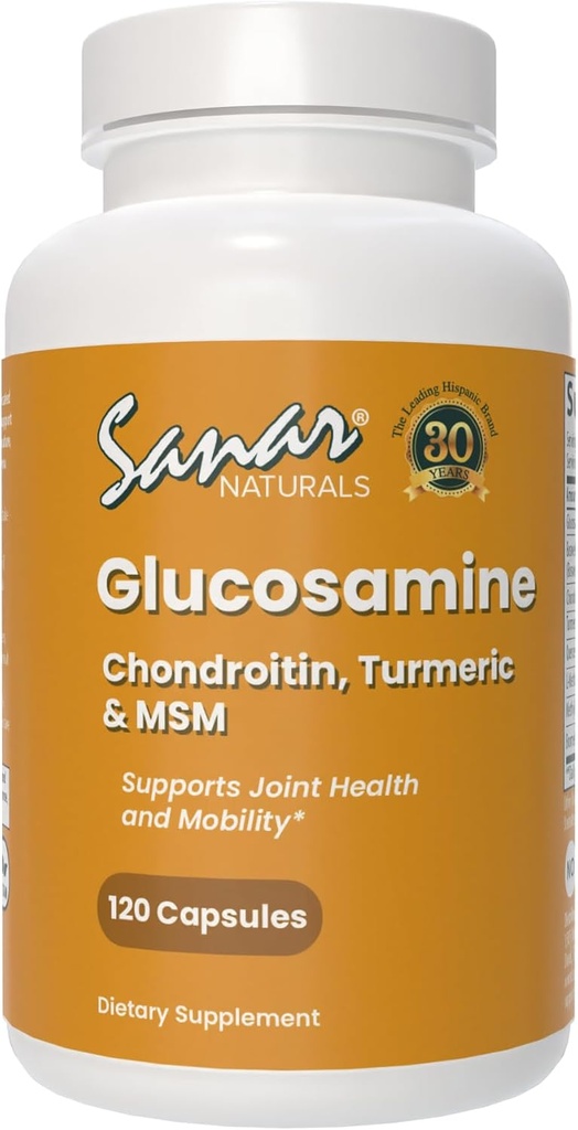 Sanar Naturals Glucosamine Chondritine MSM Turmeric - Supplément de soutien pour les genoux, le dos, les mains et le corps - Non-OGM, sans gluten, 120 capsules