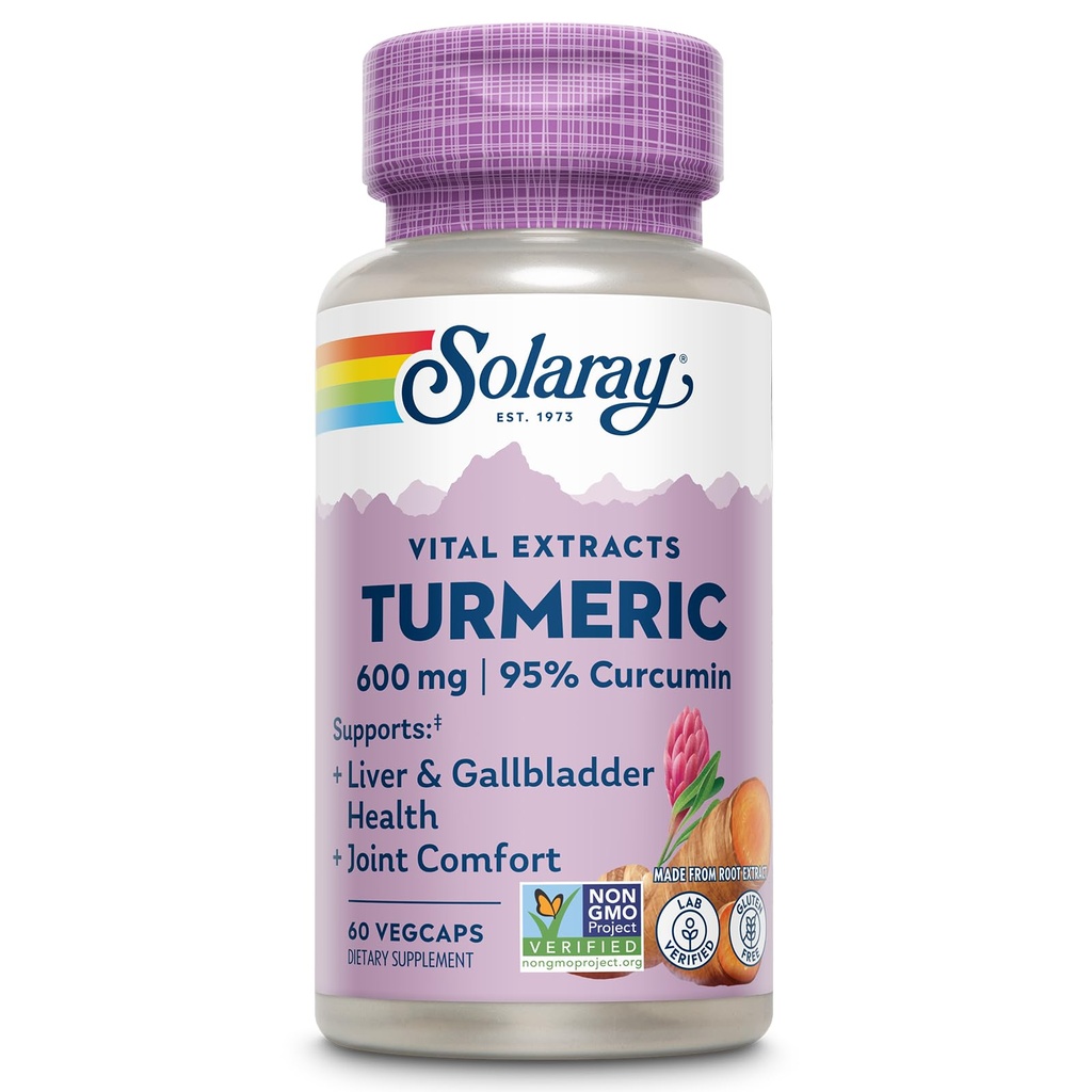 SOLARAY Supplément curmérique 600mg - Racine curmérique avec 95% Curcumine - Supplément de soutien conjoint - Santé conjointe, Gallbladder et soutien du foie, non-OGM, végétalien, sans gluten, garantie de 60 jours, 60 portions