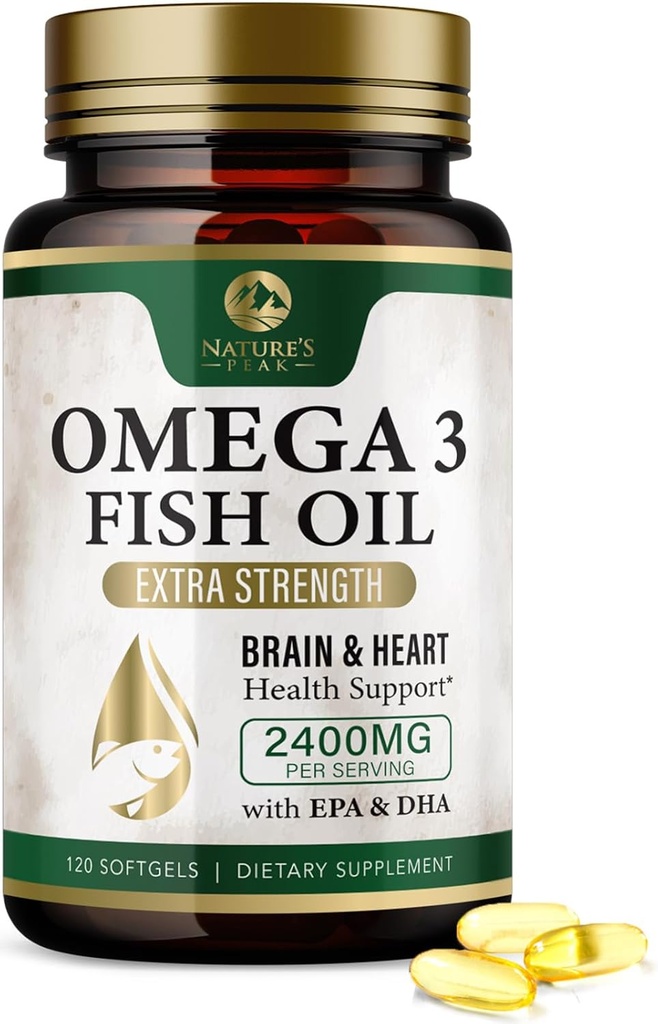 Pilules d'huile de poisson Omega 3 2400mg - Suppléments d'huile de poisson Omega 3 Triple Strength - Meilleurs acides gras EPA et DHA pour le soutien du cerveau et du coeur, supplément Omega3 de la nature, 60 jours d'approvisionnement - 120 Softgels