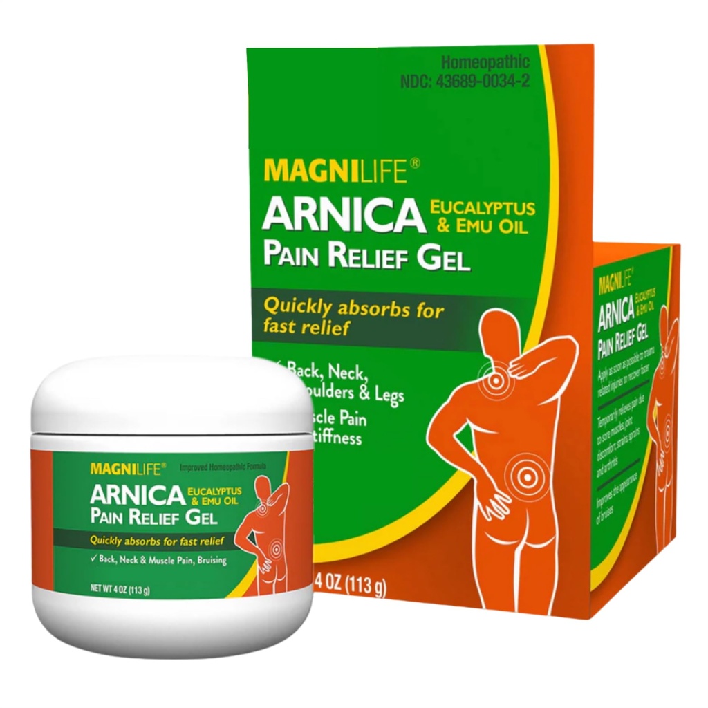 MagniLife Arnica Gel de soulagement de la douleur, traitement rapide du cou et du dos, avec l'Eucalyptus et l'huile d'Emu pour soulager la douleur, l'inflammation et le malaise - 4oz
