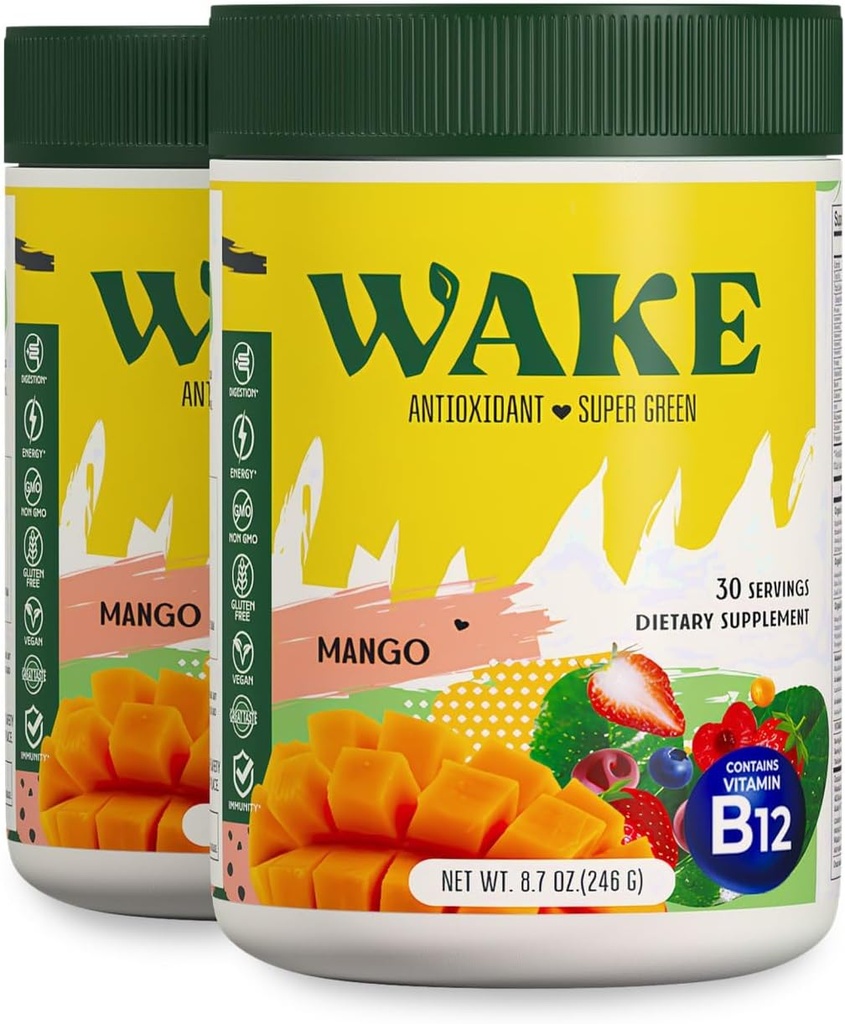 Wake Antioxydant Super Verts, Poudre Verte pour réduire la Bloat, Spiruline et Chlorella, Vitamine B12, Non-OGM, Digestion saine pour les femmes, Enzymes, Probiotiques, Acai Berry & Camu Camu, 2 pcs pour 1 coût