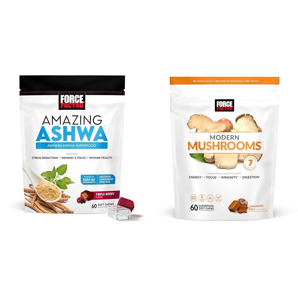 Le facteur de force Ashwagandha et les suppléments de champignons avec KSM-66 Ashwagandha, 7 champignons, 60 chews doux chacun