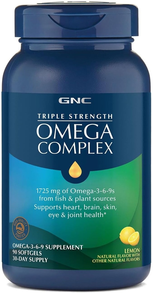 GNC Triple Strength Omega Complex Omega 3, 6, 9 Supplément, 1725mg, Saveur de citron, soutient le cœur, le cerveau, la peau, les yeux et la santé articulaire, 90 Softgels