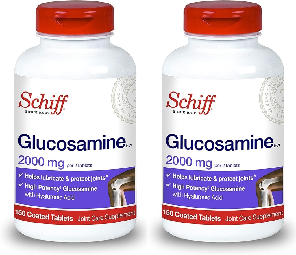 Schiff Glucosamine à l'acide hyaluronique, 2000mg Glucosamine, supplément de soins articulaires aide à lubrifier et à protéger les articulations*, 150 Nombre (paquet de 2)