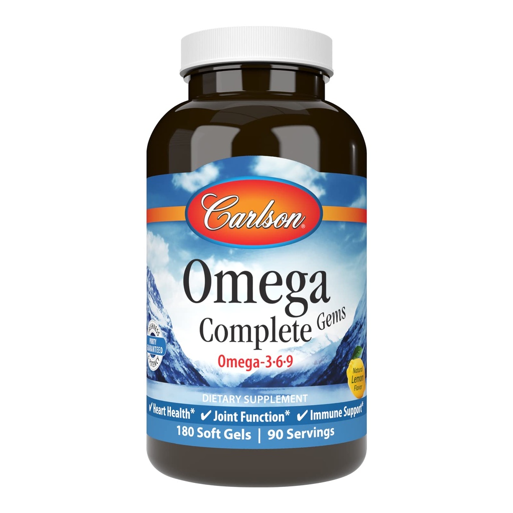 Carlson - Omega Complete Gems, Omega-3-6-9, prise sauvage, source durable, santé cardiaque, fonction articulaire et soutien immunitaire, 180 Softgels