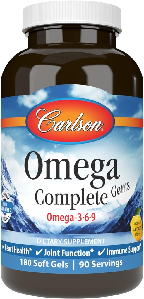 Carlson - Omega Complete Gems, Omega-3-6-9, prise sauvage, source durable, santé cardiaque, fonction articulaire et soutien immunitaire, 180 Softgels