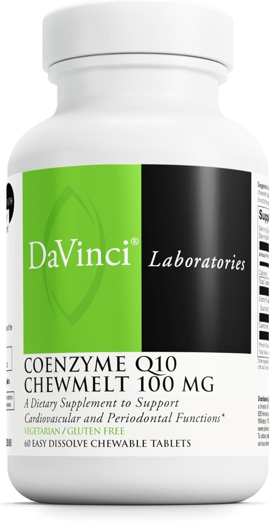 DAVINCI Labs Coenzyme Q10 Chewmelt 100mg - Soutient le foie, le cerveau, la santé cardiaque et plus avec la vitamine E & CoQ10* - 60 comprimés à croquer