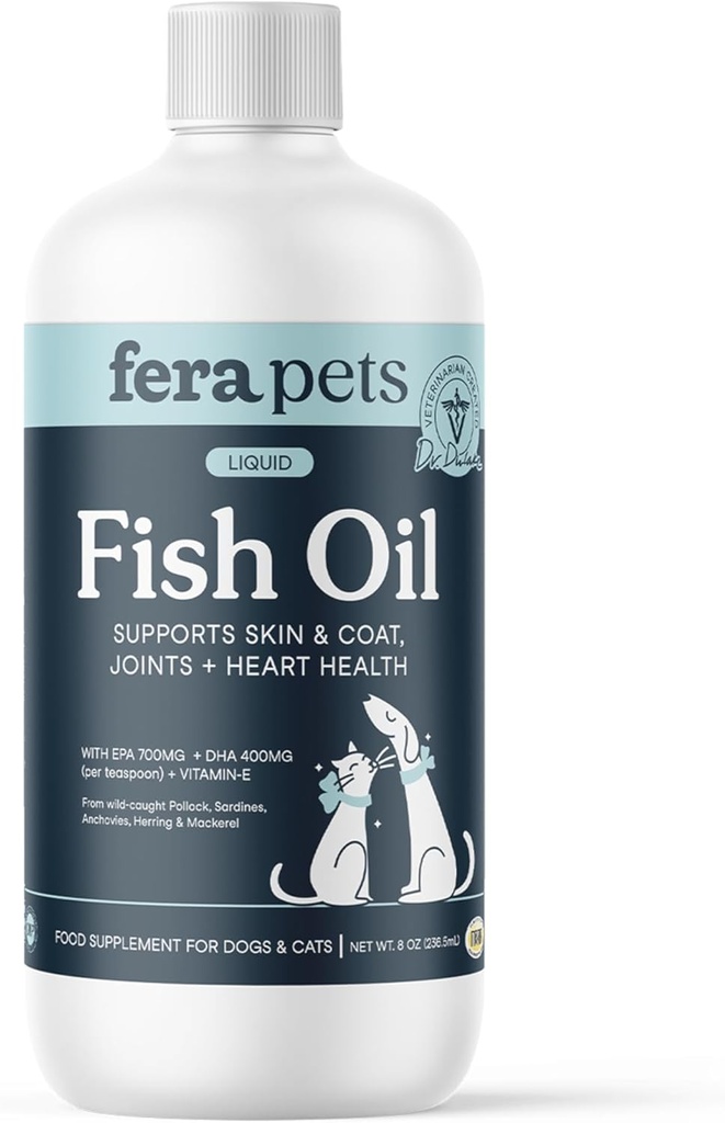 Huile de poisson pour animaux de compagnie de Fera - Oméga 3 pour chiens et chats pour soutenir la santé des articulations, du coeur, de la peau et du manteau - non OGM avec vitamine E - 8 oz