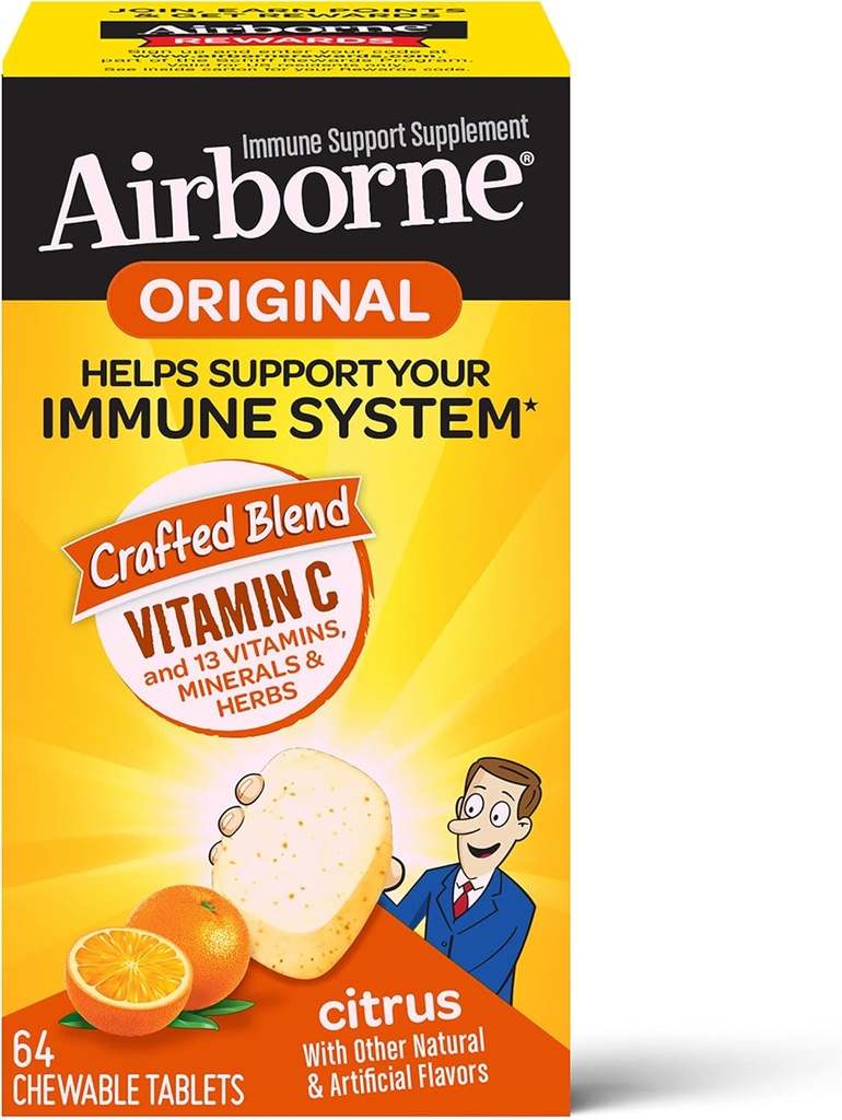 Comprimés à croquer 100 mg de vitamine C avec du zinc, supplément de soutien immunitaire avec des antioxydants puissants Vitamines A C & E - 64 Comprimés à croquer, Arôme d'agrumes