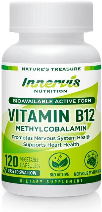 Haute absorption BioActive B12 1000mcg – Soutienne l'énergie, la nervosité et la santé cardiaque – 120 Capsules Vegan – Innervis Nutrition