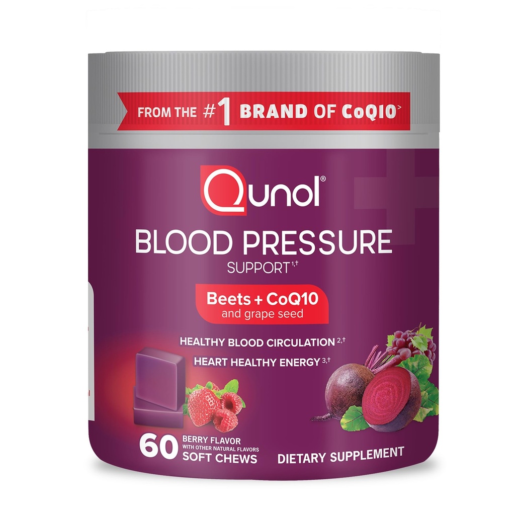 Qunol Beets Chews for Blood Pressure Support, 3 en 1 betteraves + CoQ10 + extrait de graine de raisin, soutient la circulation sanguine saine et l'énergie du cœur saine, 60 Chews