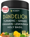 Supplément racine de dandelion 7500mg 6in1 pour la digestion, la santé cardiaque et immunitaire - mélangé avec gingembre, curcumine curcumine, ceylan cannelle, citron baume et basilic - 100 gélules de dandelion