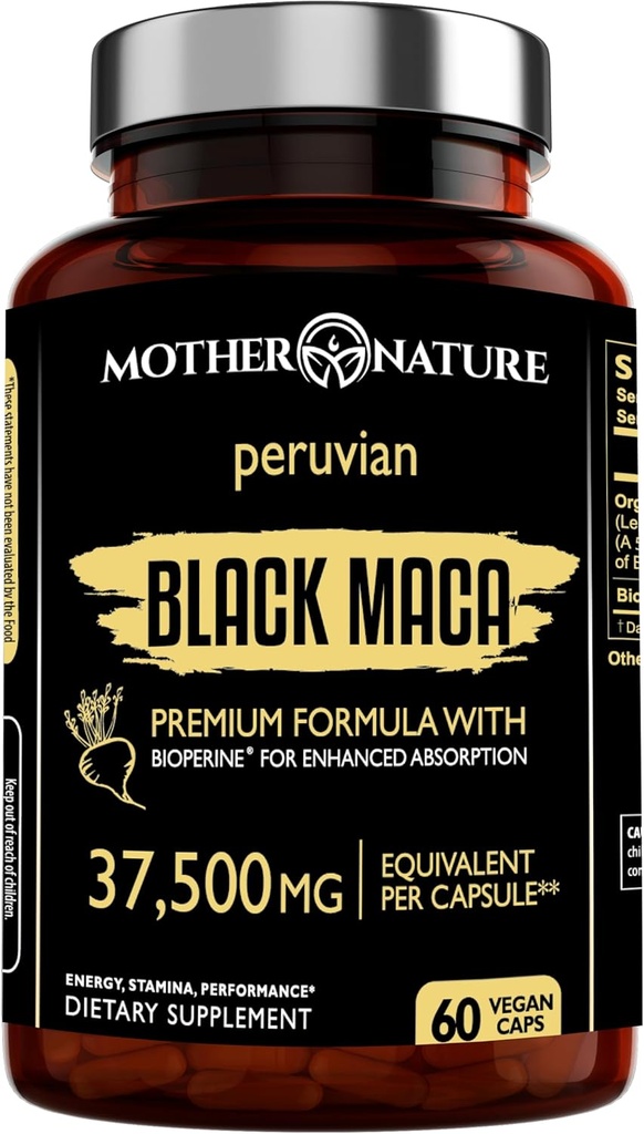 Black Maca Root 50:1 Extrait 37 500mg – 60 Capsules Bio Péruvienne Maca Peruana Supplément pour les hommes